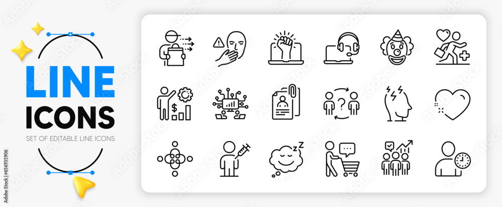 Patient, Consult and Clown line icons set for app include Business statistics, Interview documents, Food delivery outline thin icon. Dont touch, Inclusion, Time management pictogram icon. Vector