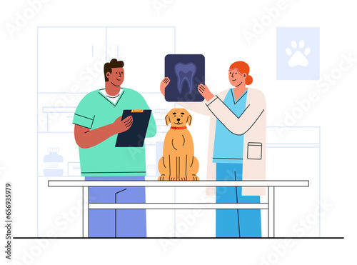 Dental X-ray checkup pet concept illustration. Female Veterinarian and Black male Nurse examining tooth roentgen in vet clinic. Flat vector illustration 