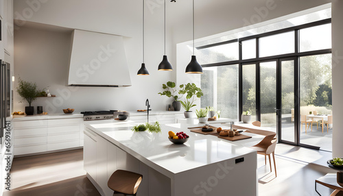 A luxurious, modern, and bright kitchen with white walls and large windows that let in bright sunlight.