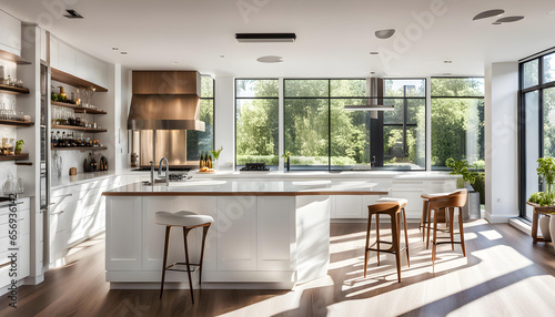 A luxurious, modern, and bright kitchen with white walls and large windows that let in bright sunlight.