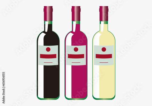 Icono de tres botellas de vino tinto, rosado y blanco. Bebida espirituosa photo