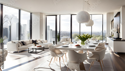 A luxurious  modern  and bright dining and living room with white walls and large windows that let in bright sunlight.