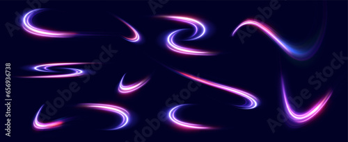 Neon speed lines. Dynamic light motion traces. Light trace wave, trace line.	