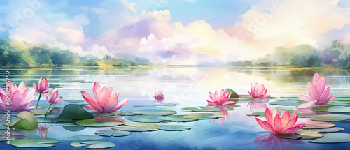 Watercolor Lotus Serenity: Tranquil Lake Scene