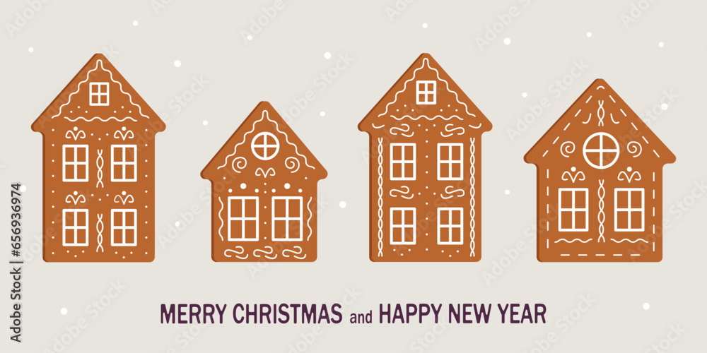 Gingerbread house. Set of cute cartoon gingerbread houses. Christmas cookies. Vector illustration