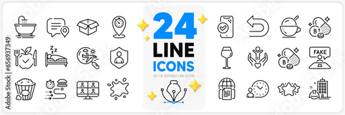 Icons set of Ice cream, Volunteer and Security line icons pack for app with Bordeaux glass, Vegetarian food, Undo thin outline icon. Video conference, Sleep, Time management pictogram. Vector