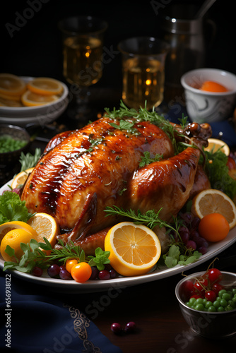 A golden-brown turkey in the center of delicious Thanksgiving dinner
