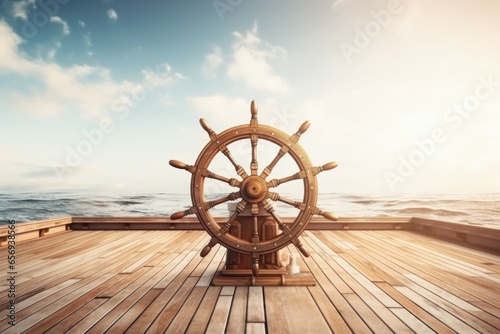 Steering ship wheel. Sailboat brass navigation. Generate Ai