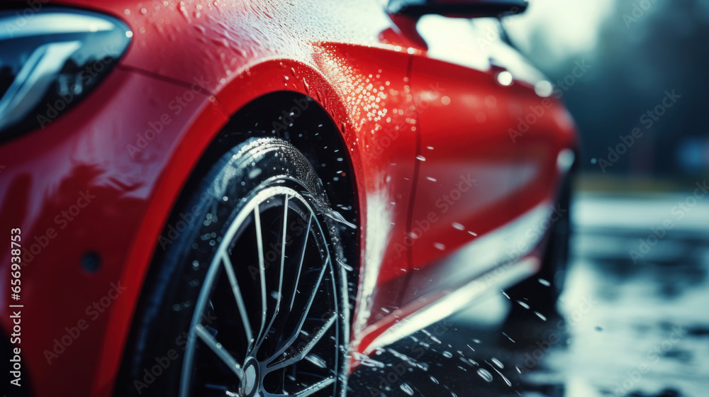 A close-up of a car during a car wash