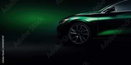 Minimal copy space, edge of green car, close up bokeh photoshoot for dark background product advertising
