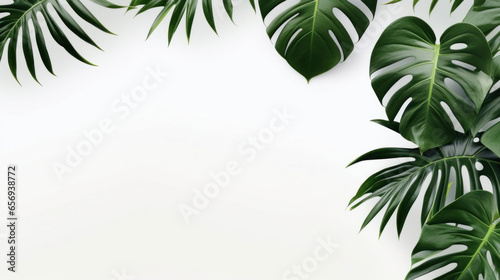 Philodendron tropical leaves frame on white background