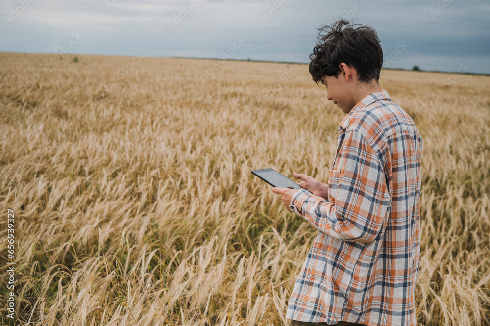 Teenage boy using tablet PC in wheat field Teenage boy using tablet PC in wheat field