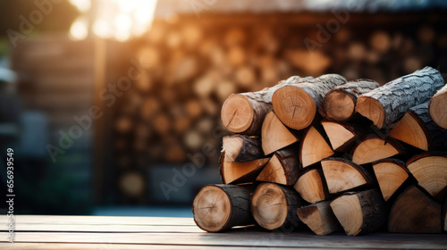 Stack of firewood on the table against the blurred background photo