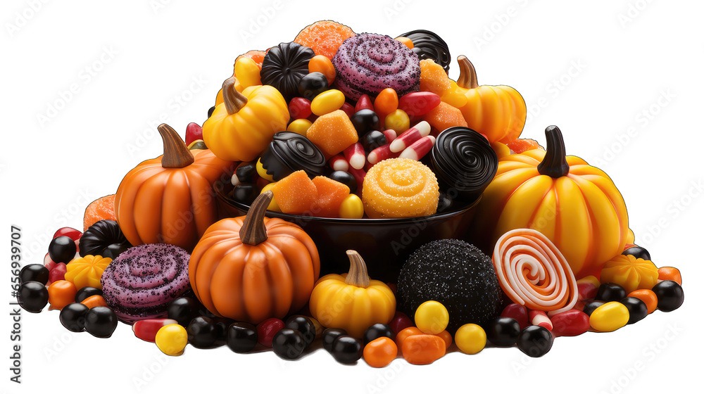 Halloween colorful candies served in a big bow isolated on a white background