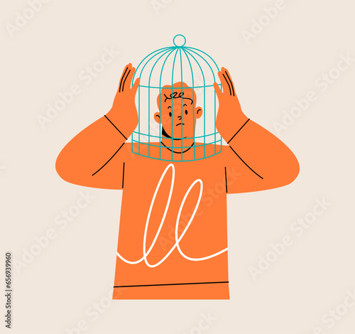 Unhappy man with head in birdcage. Psychological problems concept. Colorful vector illustration