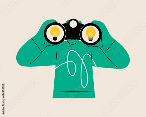 Man look through binoculars and searching ideas. Colorful vector illustration