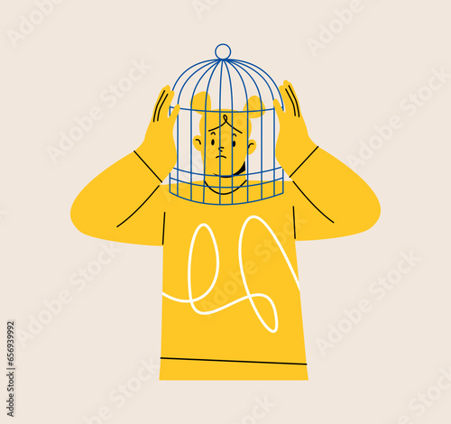 Unhappy woman with head in birdcage. Psychological problems concept. Colorful vector illustration