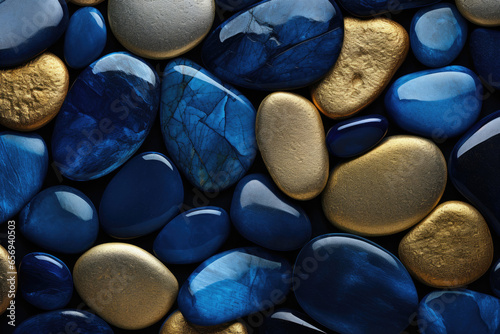 Smooth oval stones in majorelle blue and golden colors wallpaper photo