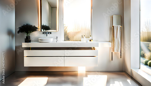 A luxurious, modern, and bright washstand with bright sunlight shining through the large window on the white wall.