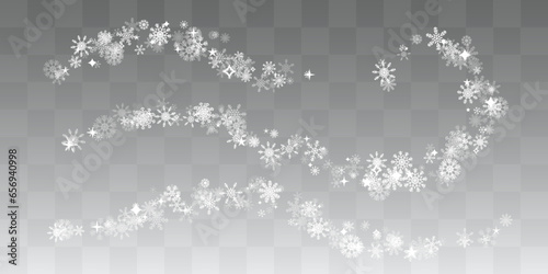 Winter decorations. Swirl borders from flying white transparent snowflakes. Vector holiday design element. photo