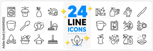 Icons set of Dry t-shirt, Clean bubbles and Dont touch line icons pack for app with Tea cup, Water splash, Dryer machine thin outline icon. T-shirt, Window cleaning, Wash hands pictogram. Vector