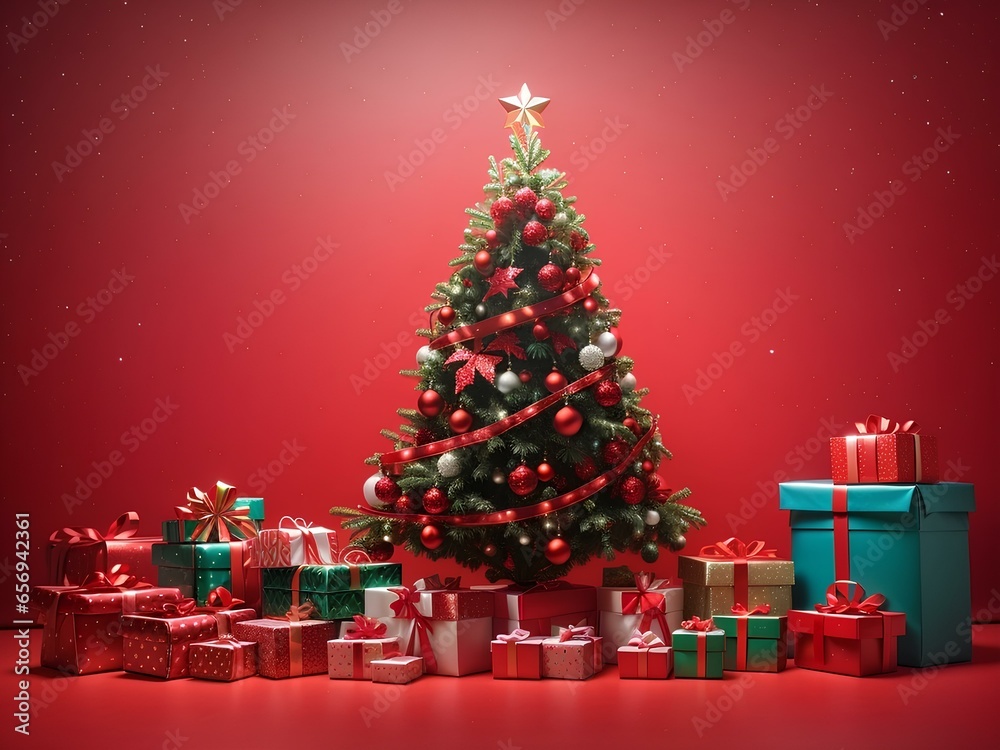 Christmas tree with gifts red background