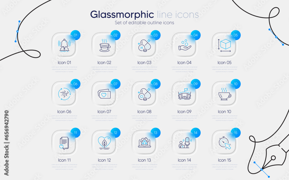 Naklejka premium Set of Local grown, Box size and Realtor line icons for web app. Brand, Coffee, Chlorine mineral icons. Search file, Arena, Love tickets signs. Wind energy, Donation money, Podcast. Vector