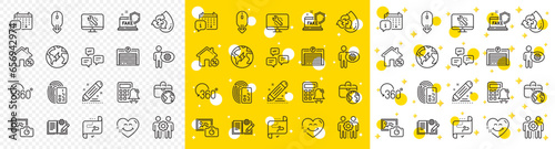 Outline Scroll down, Electricity and Calendar line icons pack for web with Recycle water, Global business, Monitor repair line icon. Photo camera, Loan house, Fake internet pictogram icon. Vector