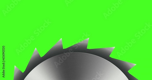 Rotation of a steel rotary saw blade, 4K animation on green screen.