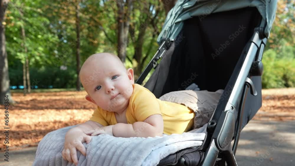 A small child lies on his stomach in a stroller and smiles playfully. Sleepy baby on a walk in the autumn park. High quality 4k footage A small child lies on his stomach in a stroller and smiles playfully. Sleepy baby on a walk in the autumn park. High quality 4k footage