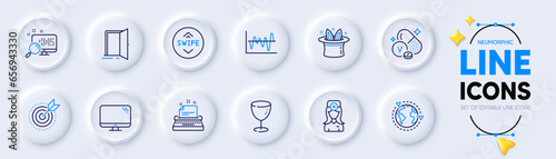 Glass, Stock analysis and Open door line icons for web app. Pack of Search, Typewriter, Target purpose pictogram icons. Computer, Hat-trick, Vanadium mineral signs. Swipe up, Outsourcing. Vector