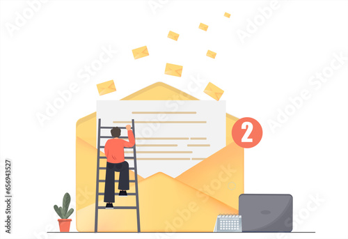 Person sending or getting mail, e-mail at working place, climbing huge letter envelop, freelance work concept, flat vector illustration