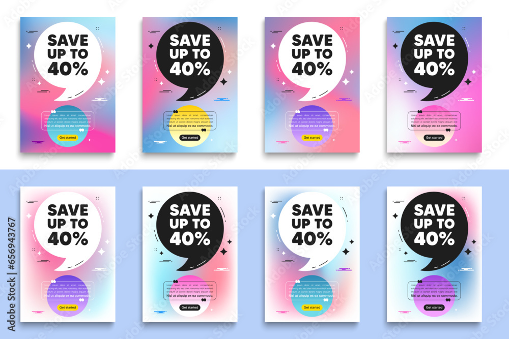 Save up to 40 percent. Poster frame with quote. Discount Sale offer price sign. Special offer symbol. Discount flyer message with comma. Gradient blur background posters. Vector