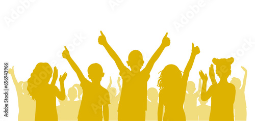 Happy cheerful crowd of children, silhouette. Sport fans, kids on party or at school and etc. Vector illustration