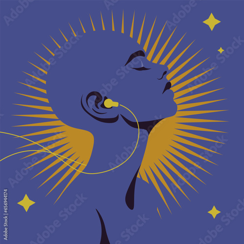 African woman listens to music on headphones. Music therapy session. Profile of a musician. Portrait of fashion teenager. Vector flat illustration