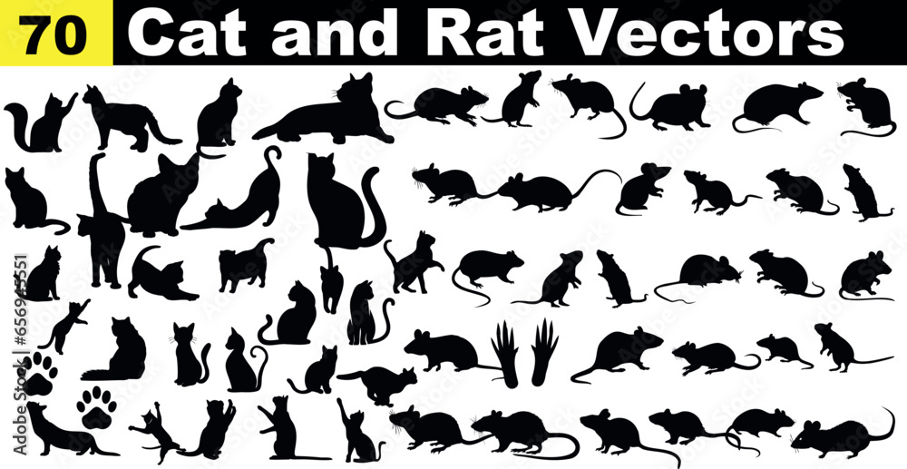 Naklejka premium Black Cat and Rat Vector Illustrations - A trendy collection of 70 black cat and rat vector illustrations on a white background. Perfect for graphic design, web design, stickers, and more.