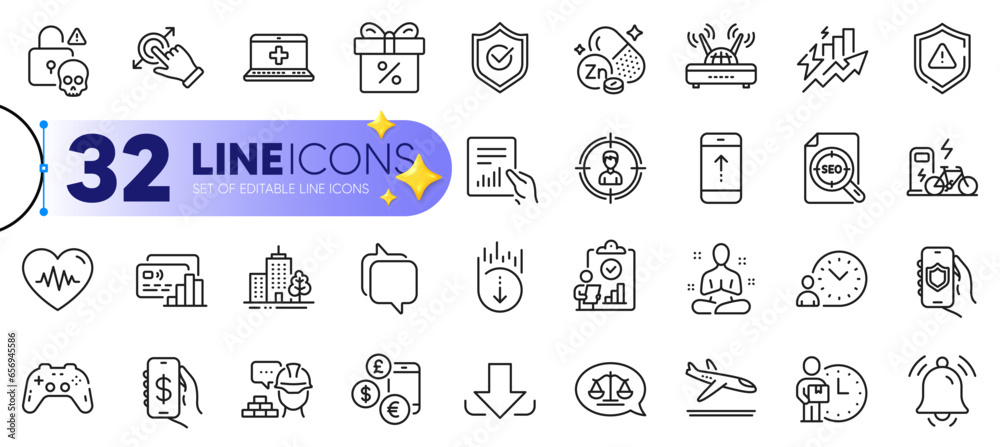 Outline set of Document, Notification bell and Gamepad line icons for web with Arrivals plane, Money app, Security app thin icon. Justice scales, Medical help, Headhunting pictogram icon. Vector