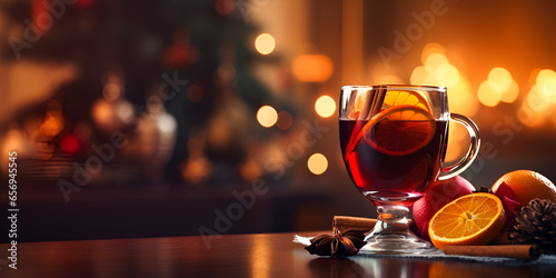 Mulled red wine in a glass mug with spices, blurred lights background  photo