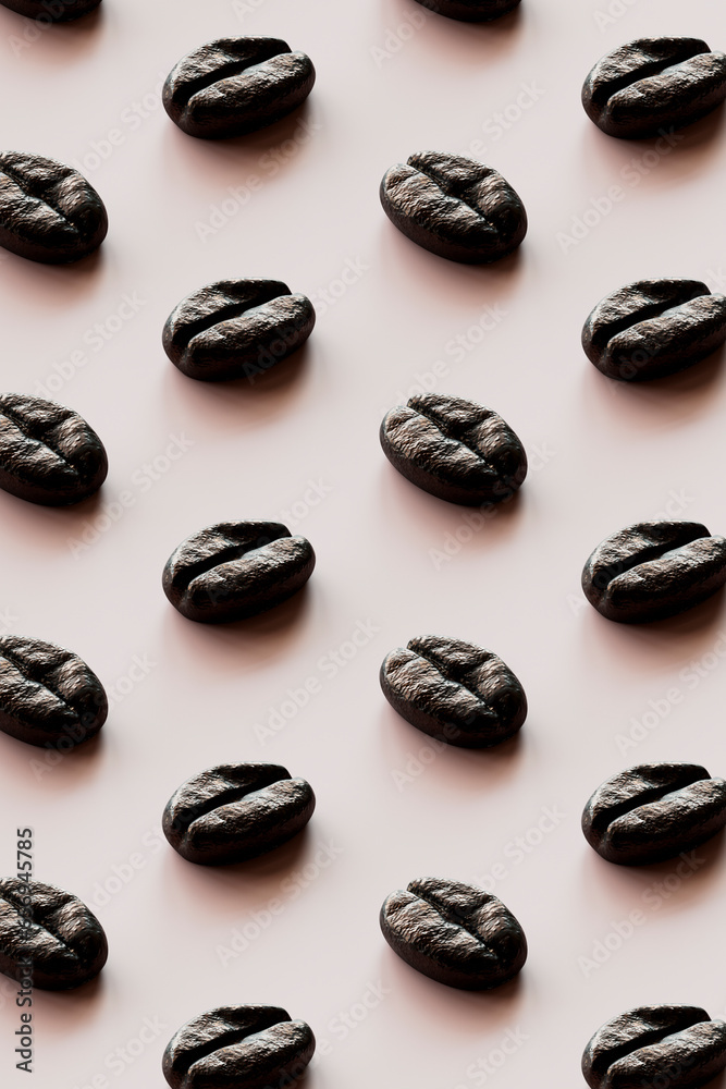 3D pattern of rows of roasted coffee beans against white background 3D pattern of rows of roasted coffee beans against white background