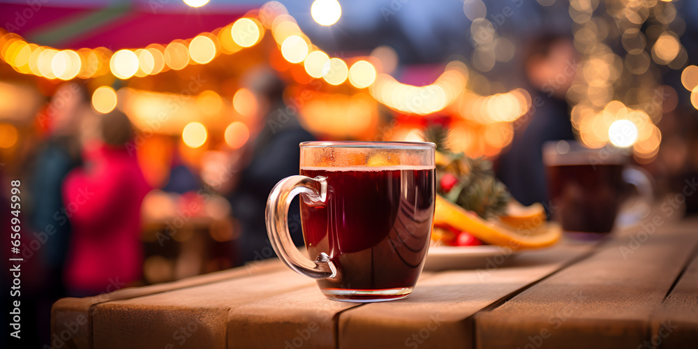 Close up of red mulled wine on a table, blurred Christmas market with lights in background - obrazy, fototapety, plakaty 