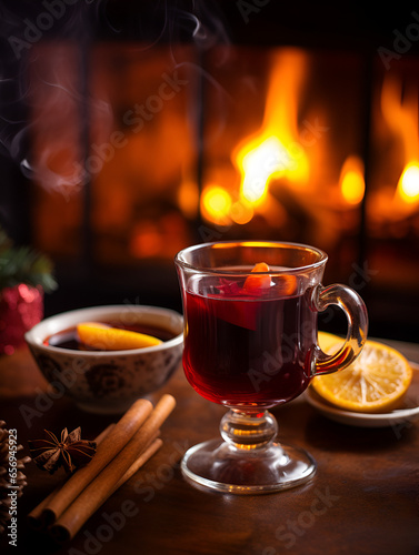 A glass of hot mulled wine with spaces, blurred fire place background, cozy winter drink