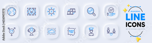Analytics, Genders and Quick tips line icons for web app. Pack of Student, Binary code, World planet pictogram icons. Outsource work, Victory, Cloud system signs. Equity. Neumorphic buttons. Vector