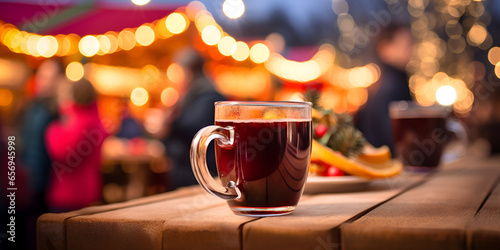 Close up of red mulled wine on a table, blurred Christmas market with lights in background photo