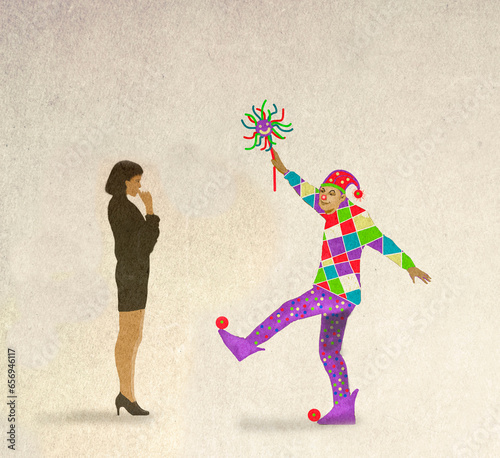Illustration of serious woman looking at foolish jester