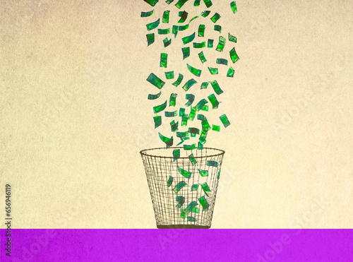 Illustration of money falling into wastepaper basket photo