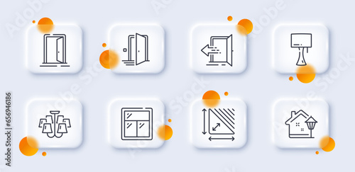 Chandelier, Entrance and Door line icons pack. 3d glass buttons with blurred circles. Triangle area, Street light, Window web icon. Open door, Table lamp pictogram. For web app, printing. Vector