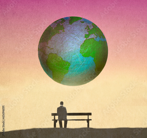 Illustration of man sitting alone on bench looking at planet Earth floating in background photo