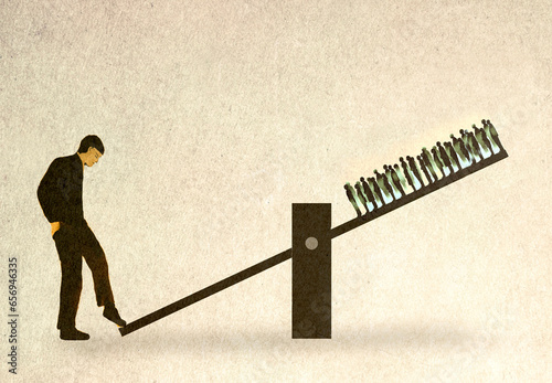 Illustration of man balancing crowd of people on seesaw photo