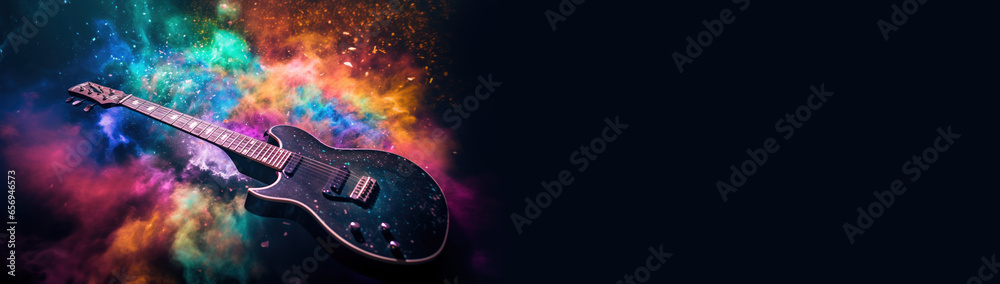 Guitar in cloud colorful dust. World music day banner with musician and musical instrument on abstract colorful dust background. Music event, Expression, symphony, colorful design - obrazy, fototapety, plakaty 