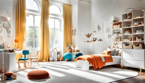 A luxurious, modern, bright children's room with white walls and large windows that let in bright sunlight.  photo